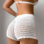 Women Hollow Out Cutout Out Solid Color Sheath Shorts Vacation Sun Protection Beach Bikini Overpants Crochet hook Tidee