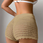 Women Hollow Out Cutout Out Solid Color Sheath Shorts Vacation Sun Protection Beach Bikini Overpants Crochet hook Tidee