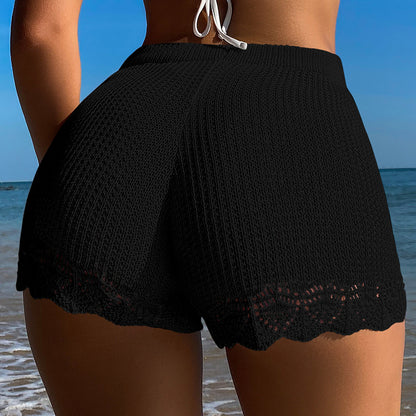 Women Clothing Hollow Out Cutout Lace Texture Solid Color Sheath Shorts Vacation Sun Protection Beach Pants Crochet hook