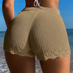 Women Clothing Hollow Out Cutout Lace Texture Solid Color Sheath Shorts Vacation Sun Protection Beach Pants Crochet hook Tidee