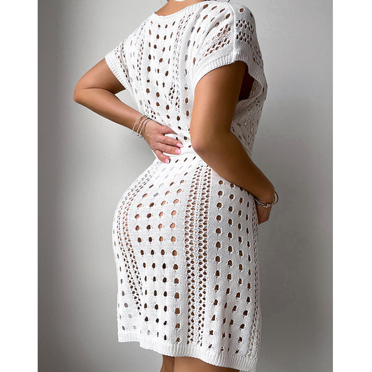 Women Clothes V Neck Hollow Out Cutout Drawstring Slit Sexy Beach Sun Protection Shirt Short Sleeve Loose Blouse Crochet hook