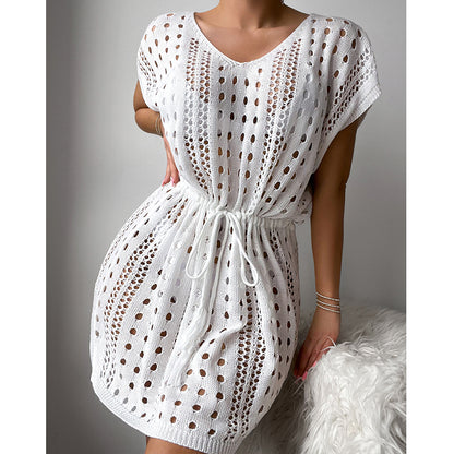 Women Clothes V Neck Hollow Out Cutout Drawstring Slit Sexy Beach Sun Protection Shirt Short Sleeve Loose Blouse Crochet hook