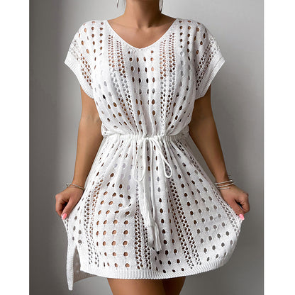 Women Clothes V Neck Hollow Out Cutout Drawstring Slit Sexy Beach Sun Protection Shirt Short Sleeve Loose Blouse Crochet hook