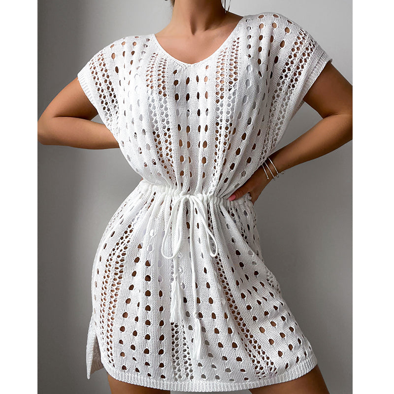 Women Clothes V Neck Hollow Out Cutout Drawstring Slit Sexy Beach Sun Protection Shirt Short Sleeve Loose Blouse Crochet hook