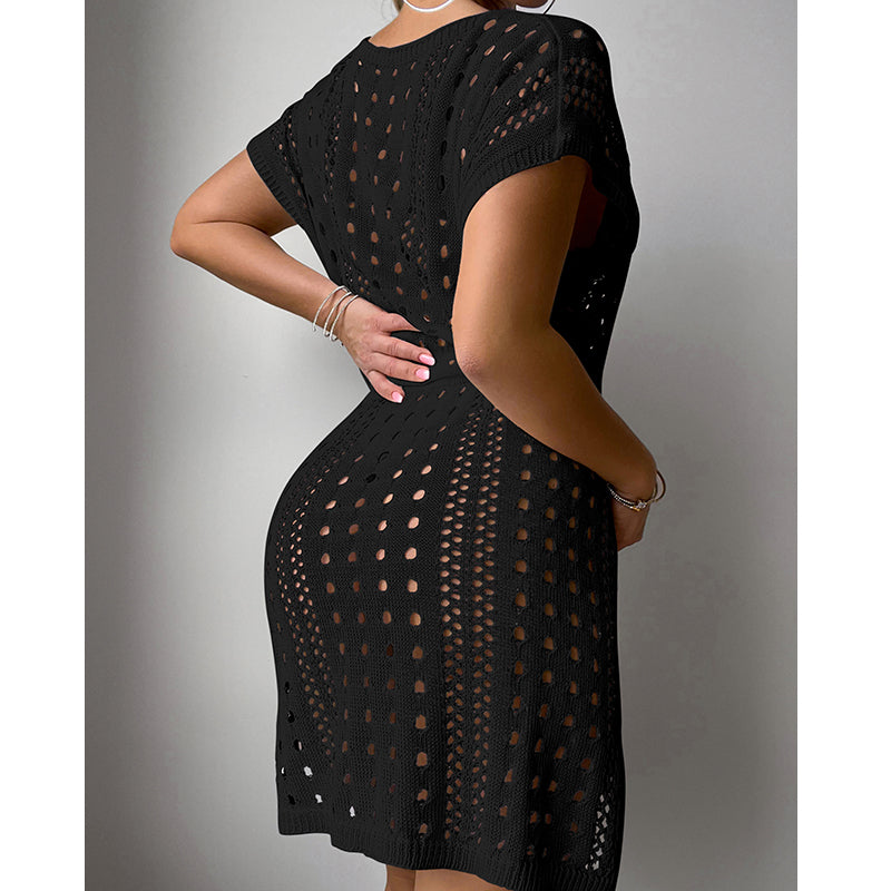 Women Clothes V Neck Hollow Out Cutout Drawstring Slit Sexy Beach Sun Protection Shirt Short Sleeve Loose Blouse Crochet hook