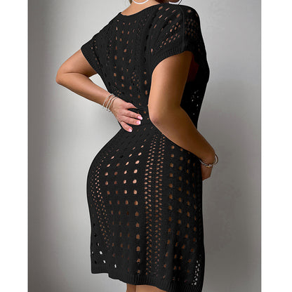 Women Clothes V Neck Hollow Out Cutout Drawstring Slit Sexy Beach Sun Protection Shirt Short Sleeve Loose Blouse Crochet hook