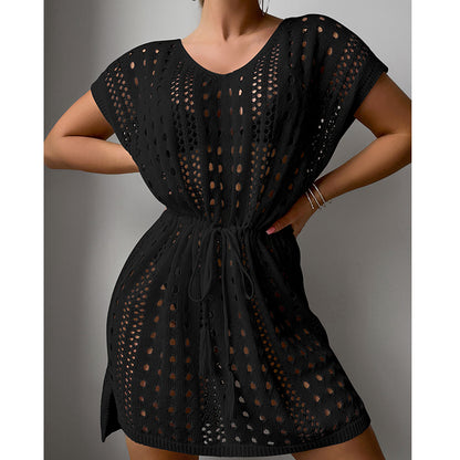 Women Clothes V Neck Hollow Out Cutout Drawstring Slit Sexy Beach Sun Protection Shirt Short Sleeve Loose Blouse Crochet hook