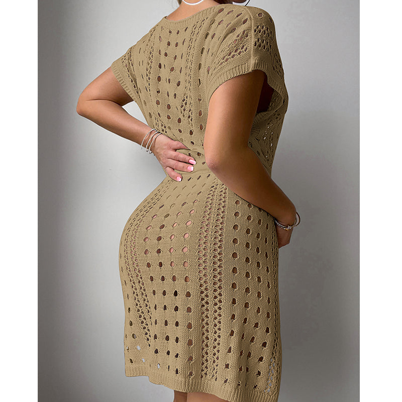 Women Clothes V Neck Hollow Out Cutout Drawstring Slit Sexy Beach Sun Protection Shirt Short Sleeve Loose Blouse Crochet hook