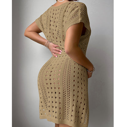Women Clothes V Neck Hollow Out Cutout Drawstring Slit Sexy Beach Sun Protection Shirt Short Sleeve Loose Blouse Crochet hook