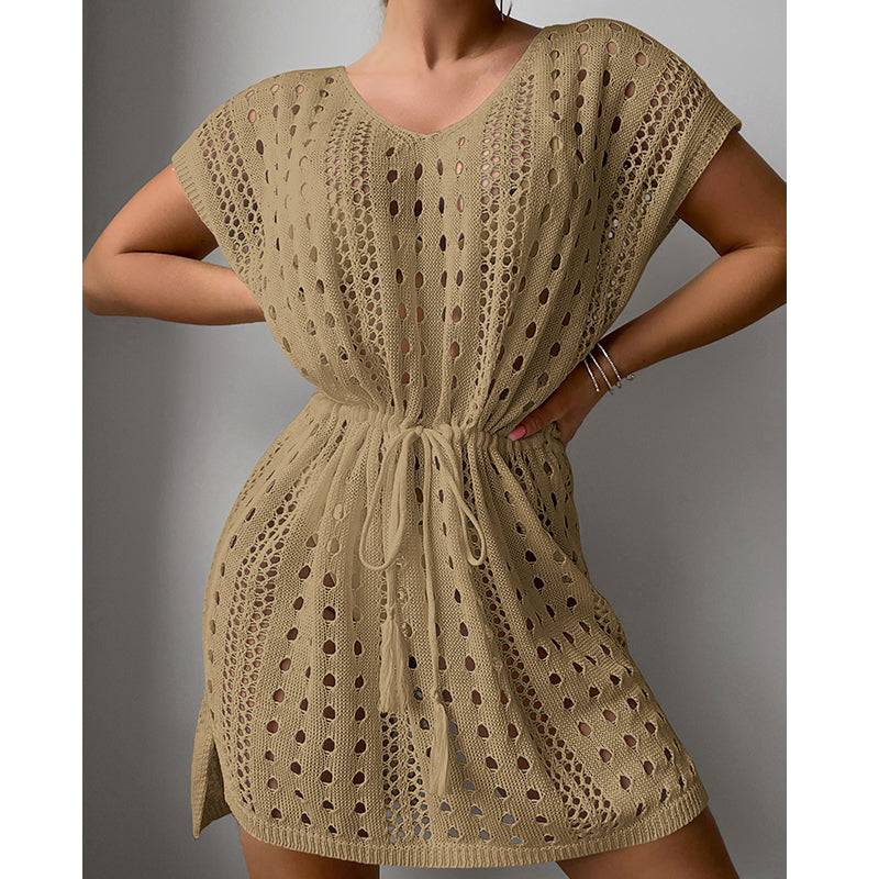 Women Clothes V Neck Hollow Out Cutout Drawstring Slit Sexy Beach Sun Protection Shirt Short Sleeve Loose Blouse Crochet hook