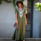 Rayon Army Green Short Sleeve Embroidered Beach Jacket Vacation Robe Beach Cover Up Outer Wear Dress Women EvenStar