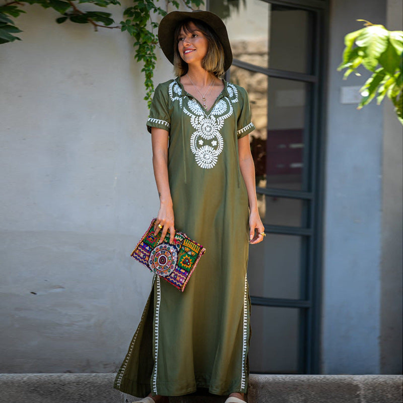 Rayon Army Green Short Sleeve Embroidered Beach Jacket Vacation Robe Beach Cover Up Outer Wear Dress Women EvenStar