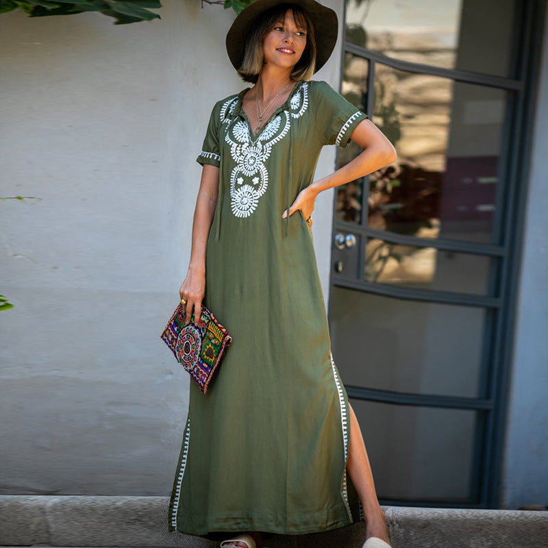 Rayon Army Green Short Sleeve Embroidered Beach Jacket Vacation Robe Beach Cover Up Outer Wear Dress Women