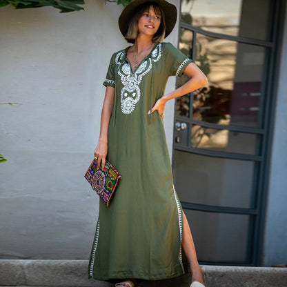 Rayon Army Green Short Sleeve Embroidered Beach Jacket Vacation Robe Beach Cover Up Outer Wear Dress Women
