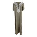Rayon Army Green Short Sleeve Embroidered Beach Jacket Vacation Robe Beach Cover Up Outer Wear Dress Women EvenStar