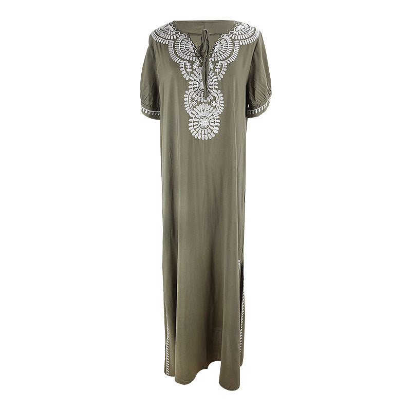 Rayon Army Green Short Sleeve Embroidered Beach Jacket Vacation Robe Beach Cover Up Outer Wear Dress Women EvenStar