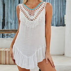 Vacation Hand Crocheting Stitching Color Ball Sexy Backless V Neck Lace Up Stylish Beach Dress Crochet hook Tidee