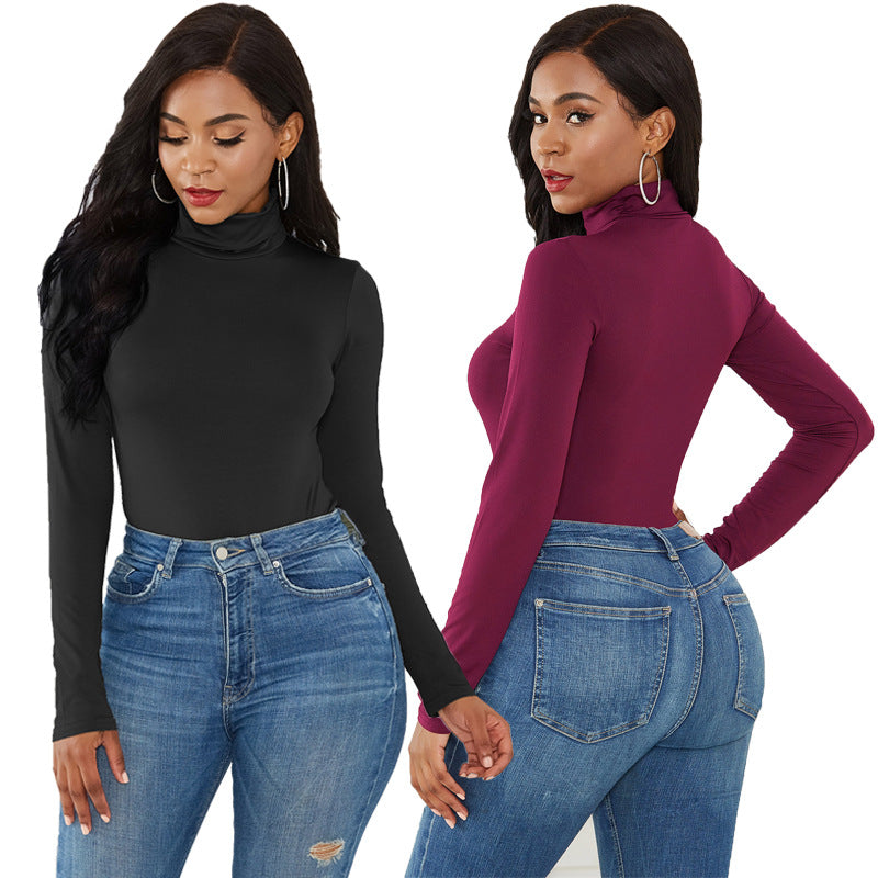 Vêtements sexy pour femmes, 12 couleurs, manches longues, col roulé, coupe ajustée, couleur unie, body moulant, hiver, grande taille