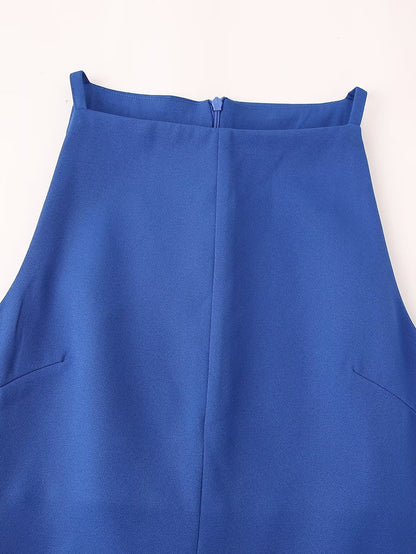 Women Clothing Summer Blue Color Back Cross Design Midi Dress CHEN