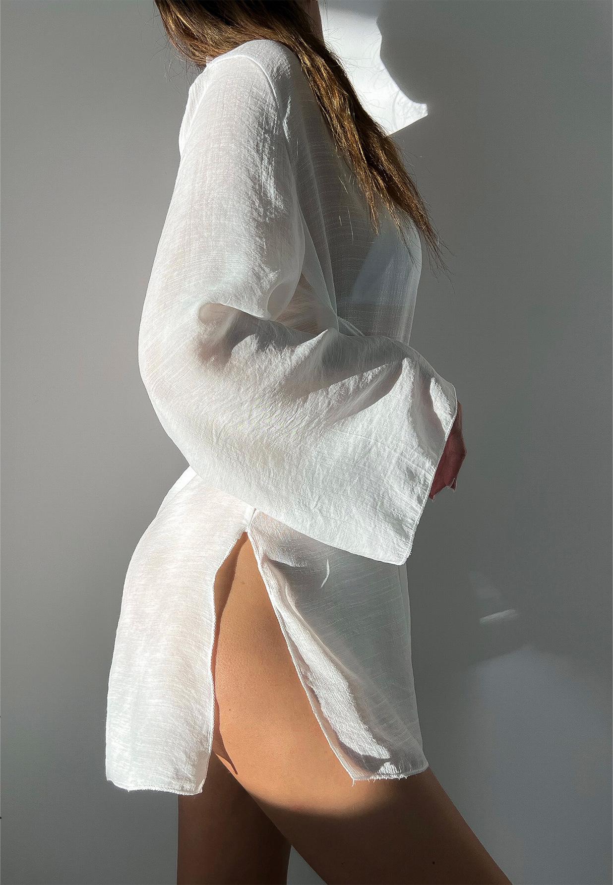 Spring Summer Beach Cover Up Comfortable Sun Protection Shirt V Neck Loose Tied Beach Overskirt Women Menara