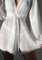 Spring Summer Beach Cover Up Comfortable Sun Protection Shirt V Neck Loose Tied Beach Overskirt Women Menara