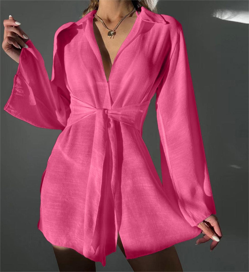 Spring Summer Beach Cover Up Comfortable Sun Protection Shirt V Neck Loose Tied Beach Overskirt Women Menara