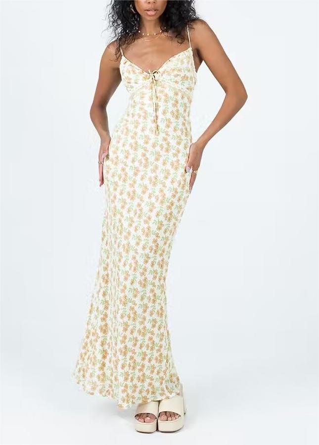 Sexy Deep V Plunge neck Lace up Floral Slip Dress Summer High Waist Slimming Vacation Maxi Dress Camille
