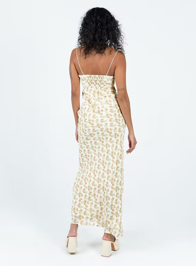 Sexy Deep V Plunge neck Lace up Floral Slip Dress Summer High Waist Slimming Vacation Maxi Dress Camille