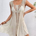 Holiday Hand Hook Solid Color Stitching Dress Sun Protection Sexy Mid Length Beach Blouse Crochet hook Tidee