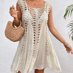 Holiday Hand Hook Solid Color Stitching Dress Sun Protection Sexy Mid Length Beach Blouse Crochet hook Tidee