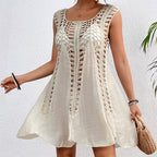 Holiday Hand Hook Solid Color Stitching Dress Sun Protection Sexy Mid Length Beach Blouse Crochet hook Tidee