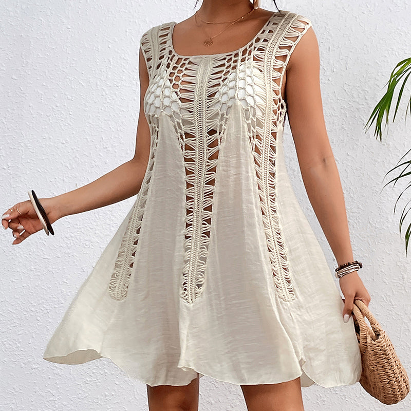 Holiday Hand Hook Solid Color Stitching Dress Sun Protection Sexy Mid Length Beach Blouse Crochet hook Tidee