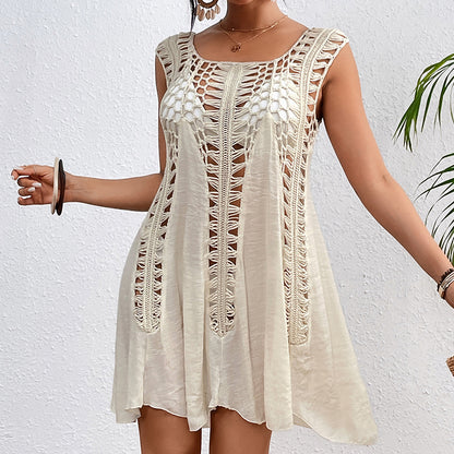Holiday Hand Hook Solid Color Stitching Dress Sun Protection Sexy Mid Length Beach Blouse Crochet hook
