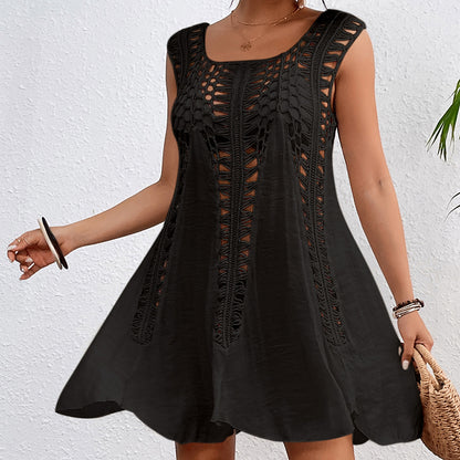 Holiday Hand Hook Solid Color Stitching Dress Sun Protection Sexy Mid Length Beach Blouse Crochet hook