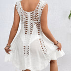 Holiday Hand Hook Solid Color Stitching Dress Sun Protection Sexy Mid Length Beach Blouse Crochet hook Tidee