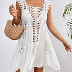 Holiday Hand Hook Solid Color Stitching Dress Sun Protection Sexy Mid Length Beach Blouse Crochet hook Tidee