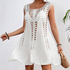 Holiday Hand Hook Solid Color Stitching Dress Sun Protection Sexy Mid Length Beach Blouse Crochet hook Tidee