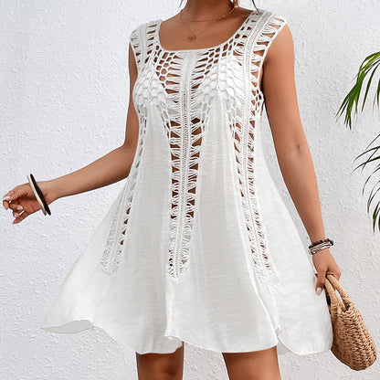 Holiday Hand Hook Solid Color Stitching Dress Sun Protection Sexy Mid Length Beach Blouse Crochet hook