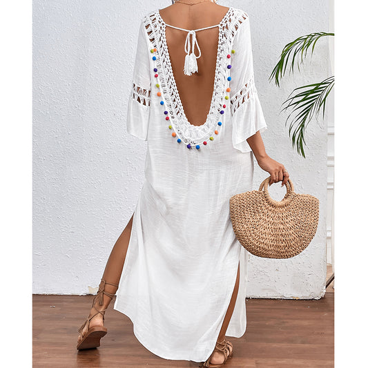 Women Hand Hook Stitching Colorful Ball Sexy Hollow Out Cutout Backless Loose Beach Long Cover Dress Crochet hook
