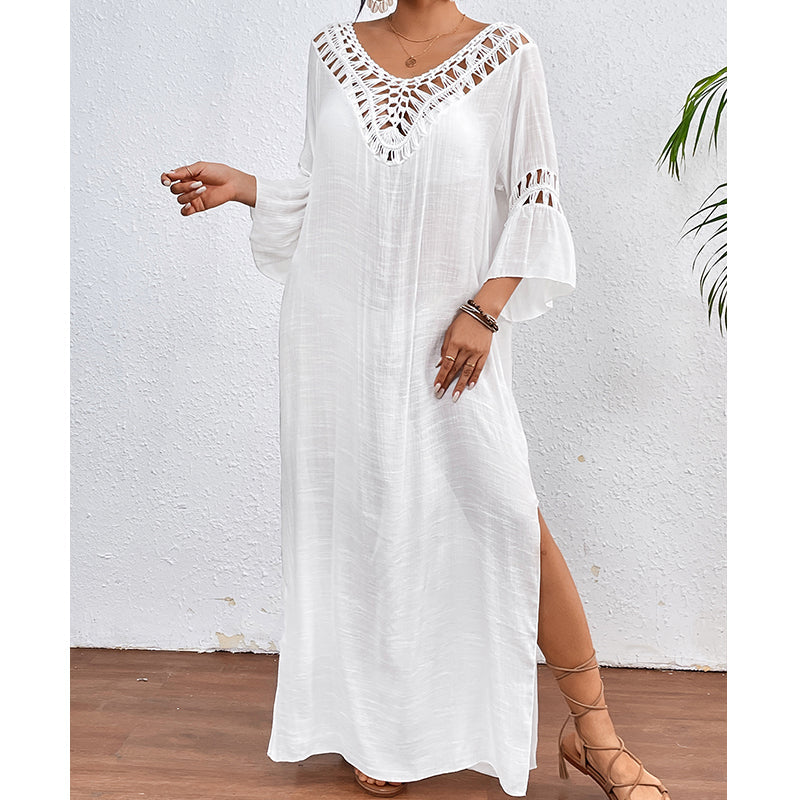 Women Hand Hook Stitching Colorful Ball Sexy Hollow Out Cutout Backless Loose Beach Long Cover Dress Crochet hook Tidee
