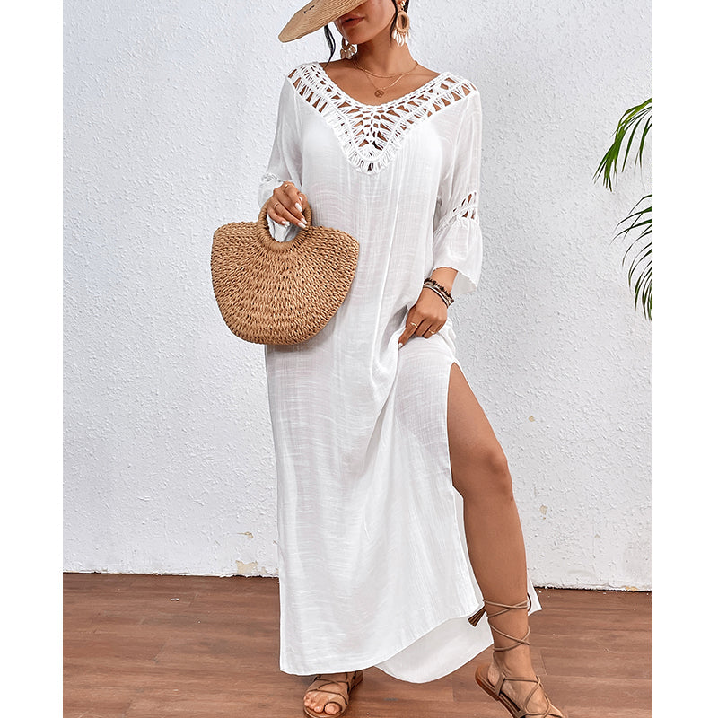 Women Hand Hook Stitching Colorful Ball Sexy Hollow Out Cutout Backless Loose Beach Long Cover Dress Crochet hook Tidee