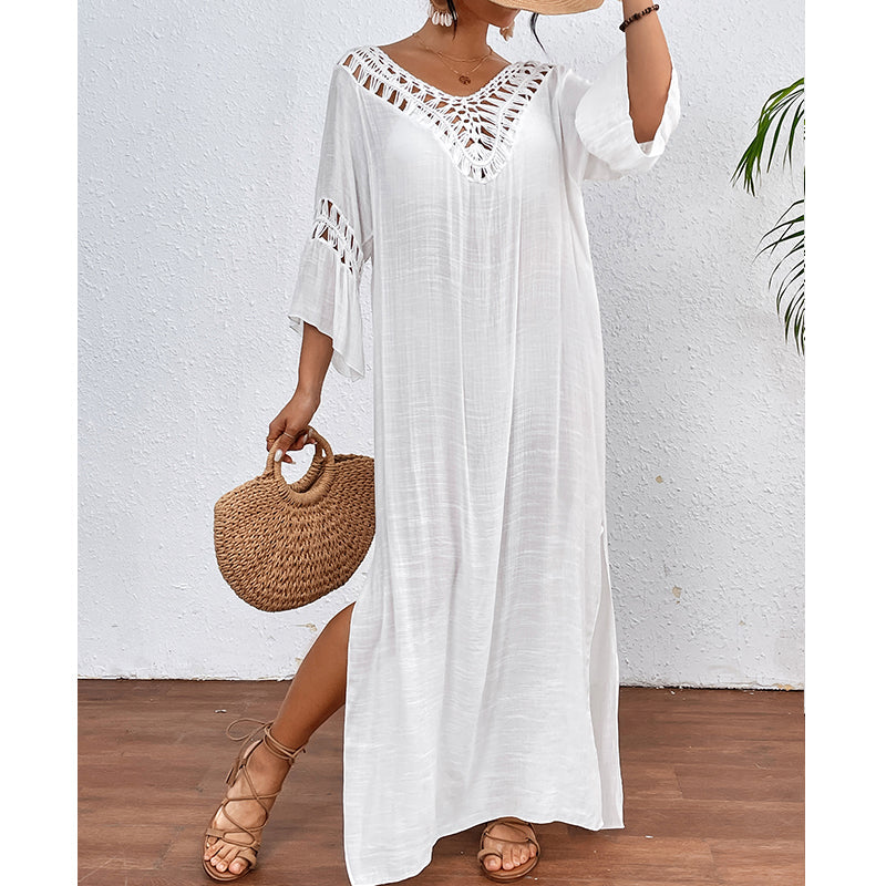 Women Hand Hook Stitching Colorful Ball Sexy Hollow Out Cutout Backless Loose Beach Long Cover Dress Crochet hook Tidee