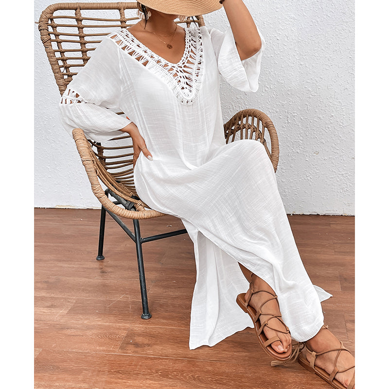 Women Hand Hook Stitching Colorful Ball Sexy Hollow Out Cutout Backless Loose Beach Long Cover Dress Crochet hook Tidee