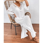 Women Hand Hook Stitching Colorful Ball Sexy Hollow Out Cutout Backless Loose Beach Long Cover Dress Crochet hook Tidee