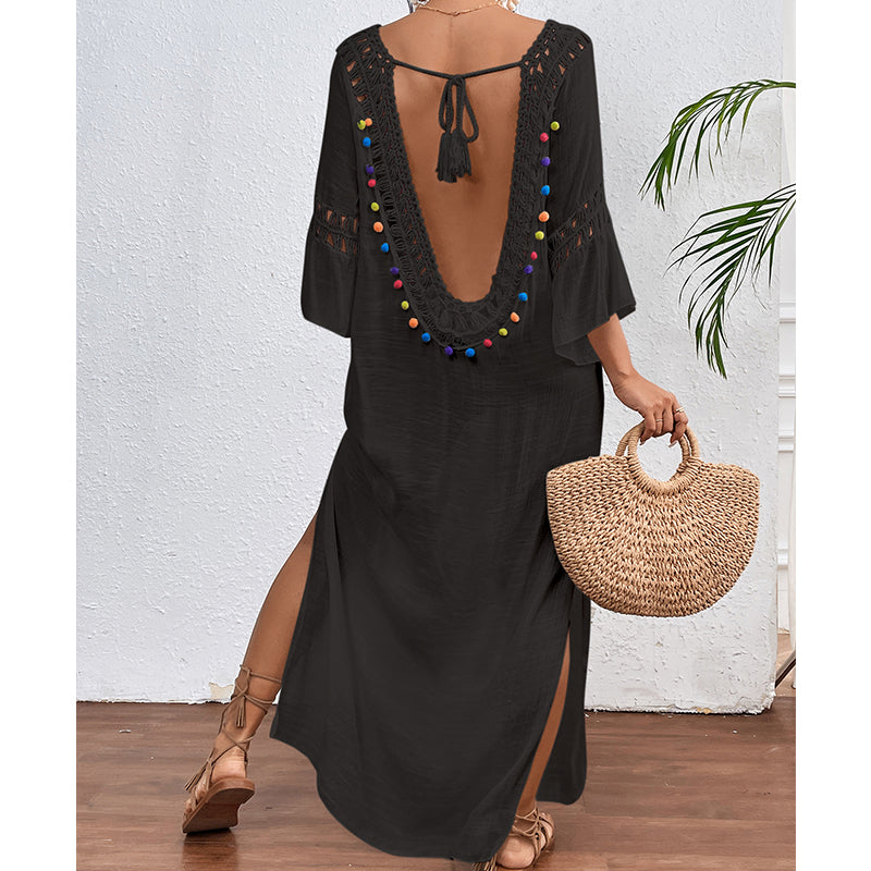Women Hand Hook Stitching Colorful Ball Sexy Hollow Out Cutout Backless Loose Beach Long Cover Dress Crochet hook Tidee