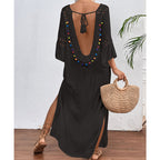 Women Hand Hook Stitching Colorful Ball Sexy Hollow Out Cutout Backless Loose Beach Long Cover Dress Crochet hook Tidee