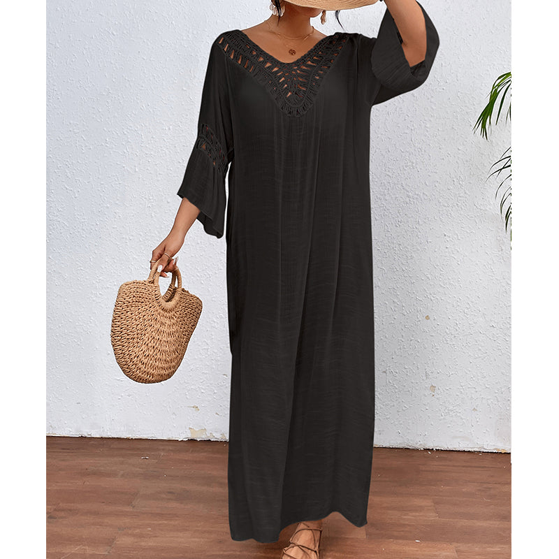 Women Hand Hook Stitching Colorful Ball Sexy Hollow Out Cutout Backless Loose Beach Long Cover Dress Crochet hook Tidee