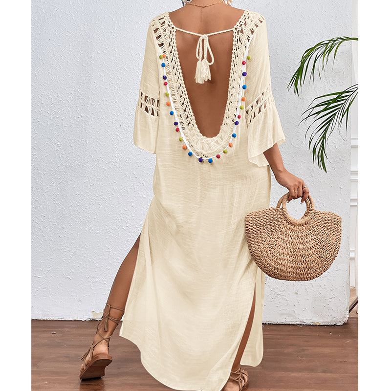 Women Hand Hook Stitching Colorful Ball Sexy Hollow Out Cutout Backless Loose Beach Long Cover Dress Crochet hook Tidee