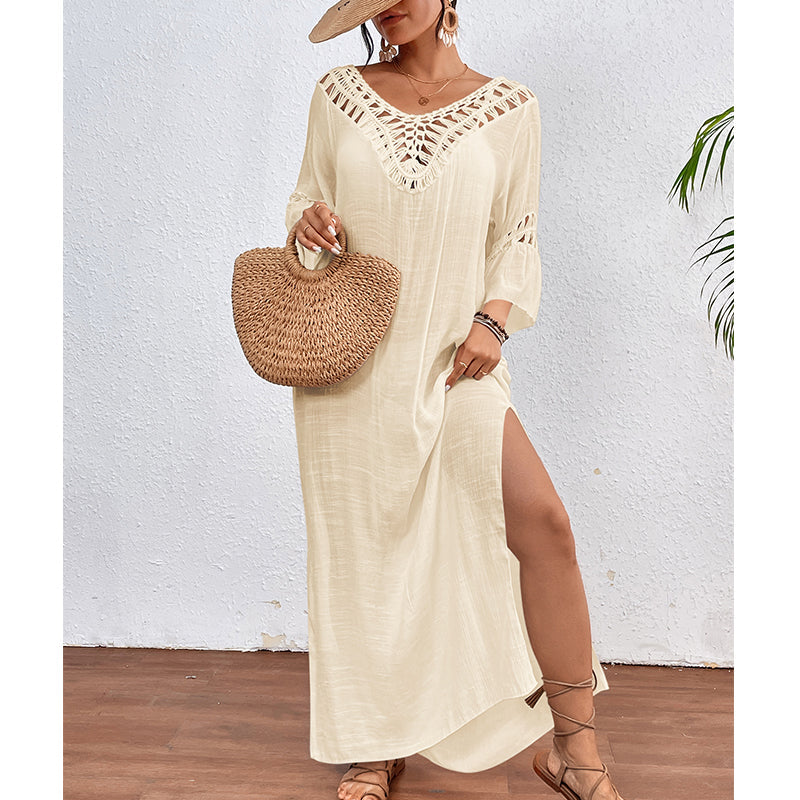 Women Hand Hook Stitching Colorful Ball Sexy Hollow Out Cutout Backless Loose Beach Long Cover Dress Crochet hook Tidee