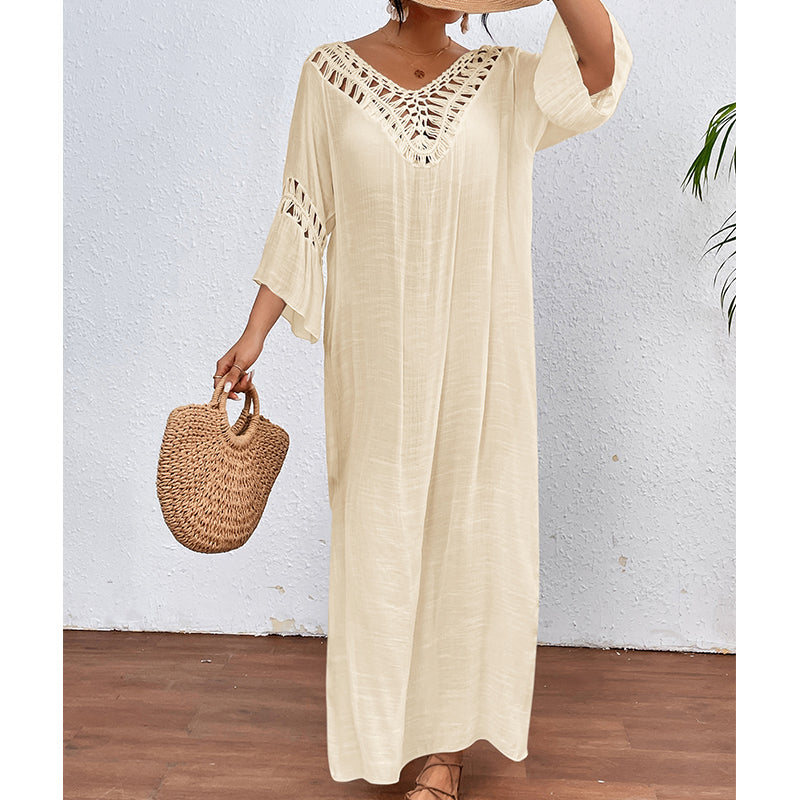 Women Hand Hook Stitching Colorful Ball Sexy Hollow Out Cutout Backless Loose Beach Long Cover Dress Crochet hook Tidee